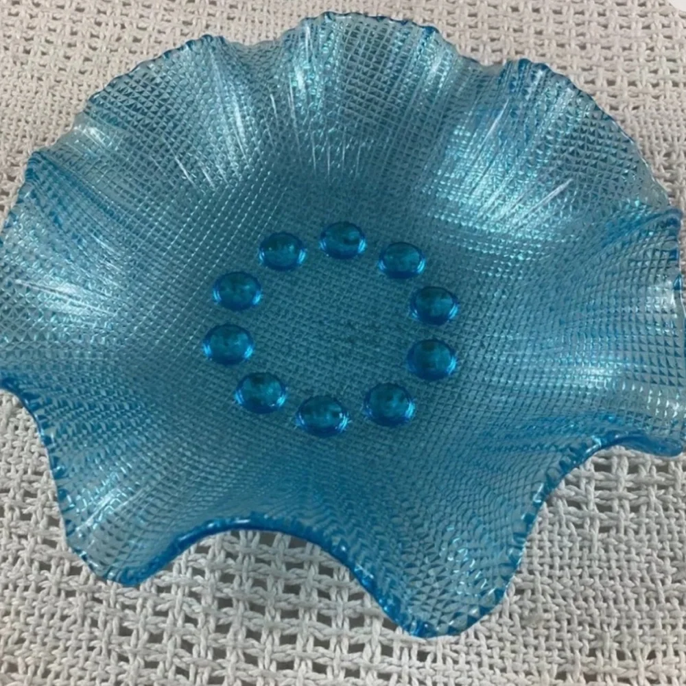 Vintage Italian Colony Waffle Ruffled Glass Dessert Bowls 1960s - Blue